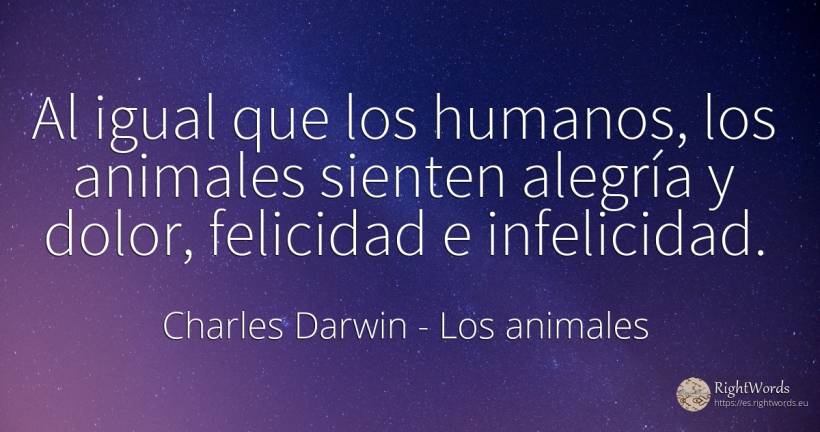 Al igual que los humanos, los animales sienten alegría y... - Charles Darwin, cita sobre los animales, los antepasados, los ojos, los padres, dolor, infelicidad, felicidad, alegría, personas